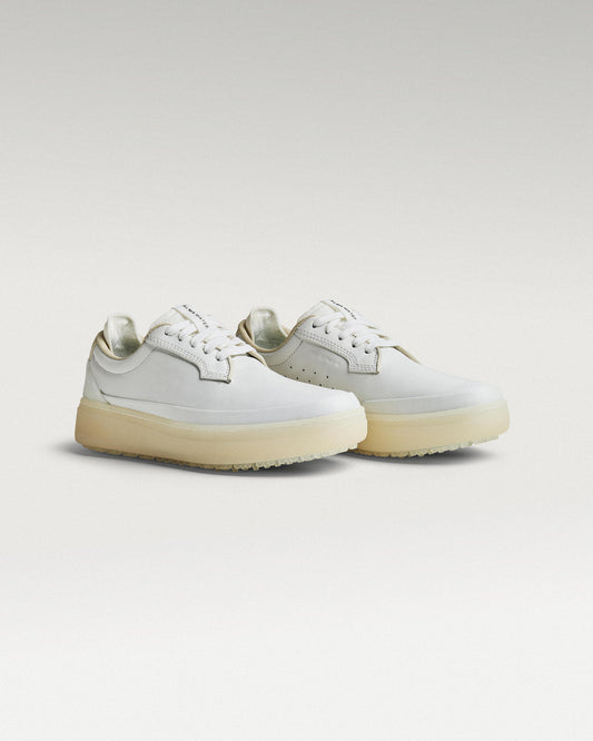 45 Degree Angled view of white and white Beta Derby golf shoe