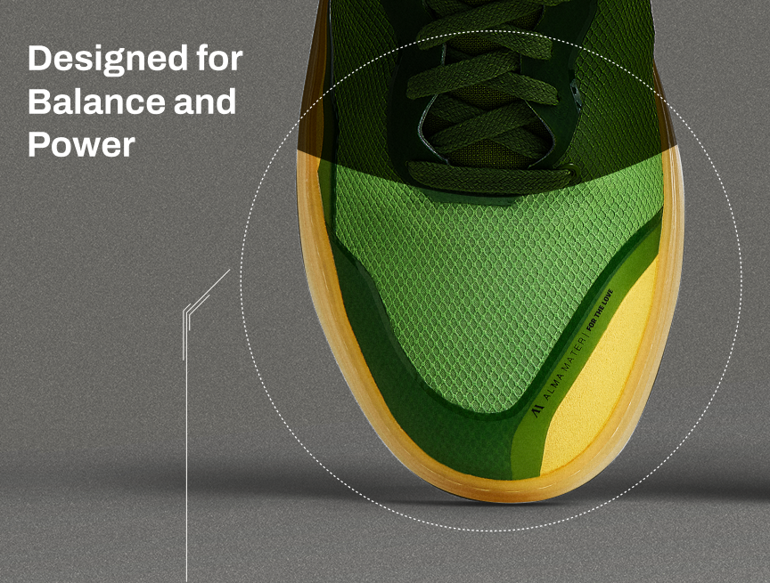 Showcasing Alma Mater's Anatomical Last: Designed for balance and power. Wider toe box allows optimal biomechanics to maximize balance and ground force. 
