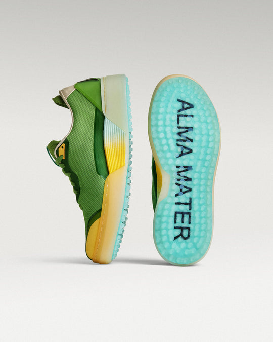 Olive Aqua Beta Lite golf shoe with outsole facing forward, showing traction pattern and logo