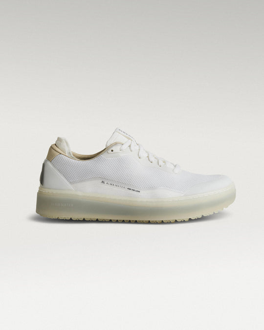 Lateral view of white and grey Beta Lite golf shoe