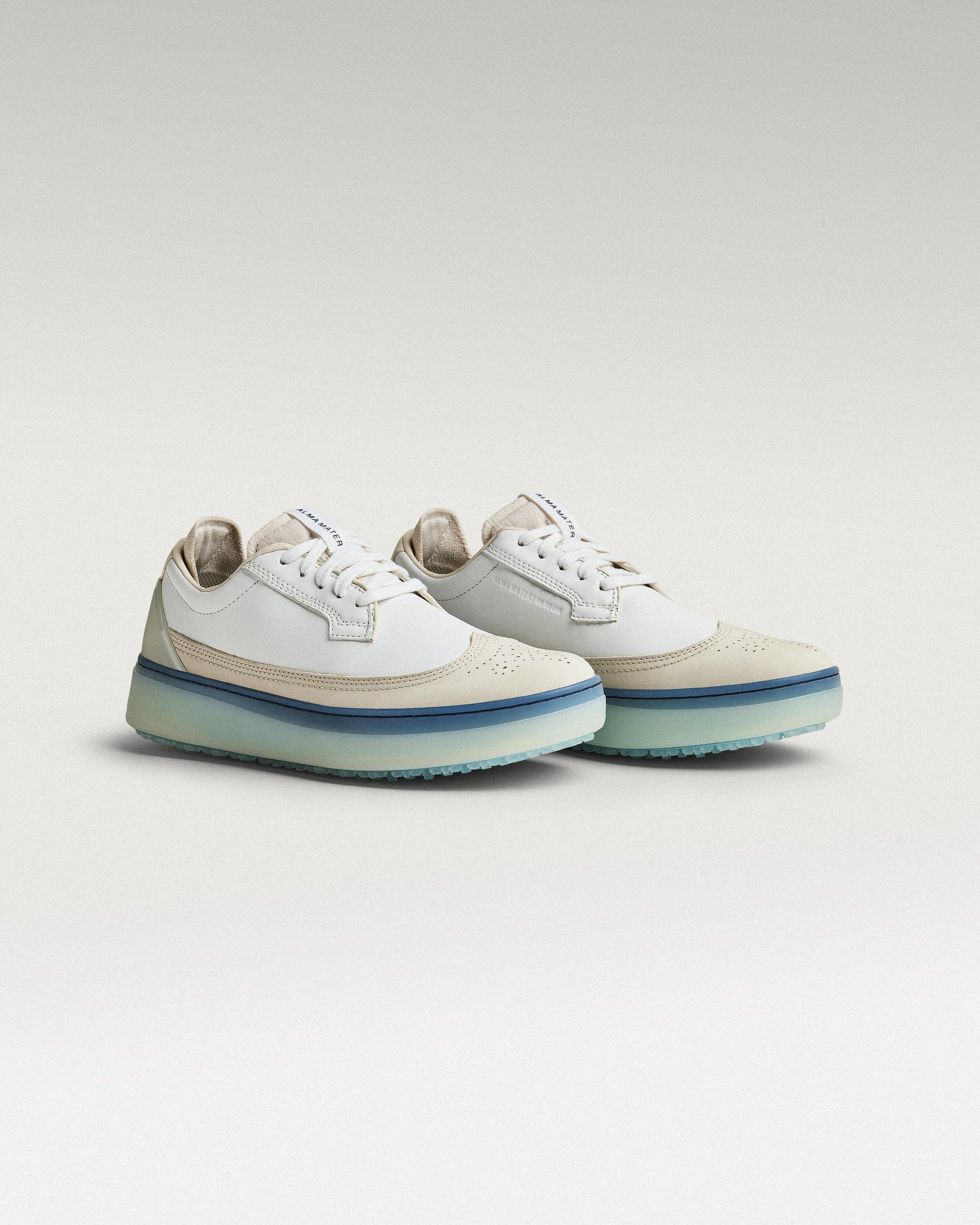45 degree angled view of white/Navy Beta Longwing golf shoe