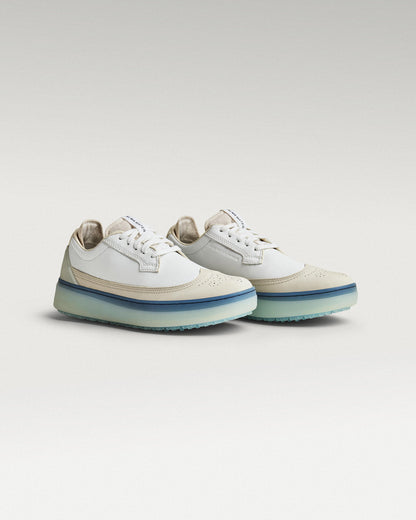 45 degree angled view of white/Navy Beta Longwing golf shoe