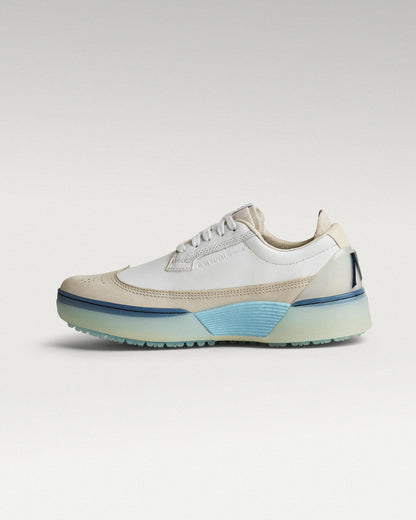 Medial view of white/navy Beta Longwing golf shoe