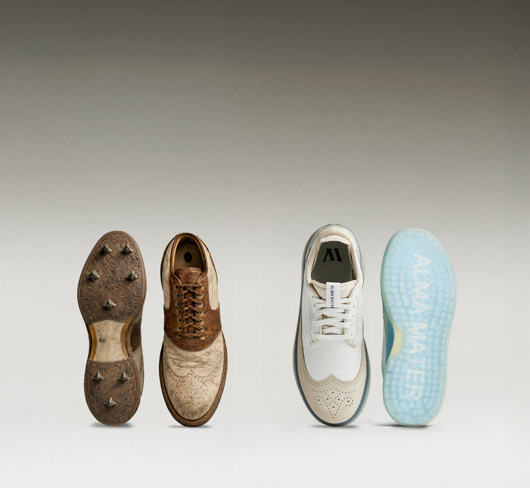 Old golf shoes with cleats vs Alma Mater's new innovative golf shoe