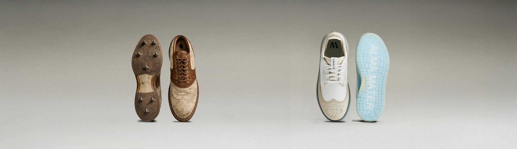 Old golf shoes with cleats vs Alma Mater's new innovative golf shoe