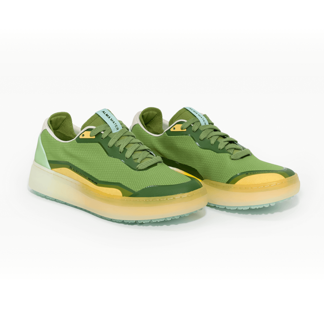 Studio image of the Men’s Beta Lite in Olive and Aqua, featuring a breathable olive mesh upper, yellow midsole accent, and translucent aqua outsole, shown as a pair in an angled front view.