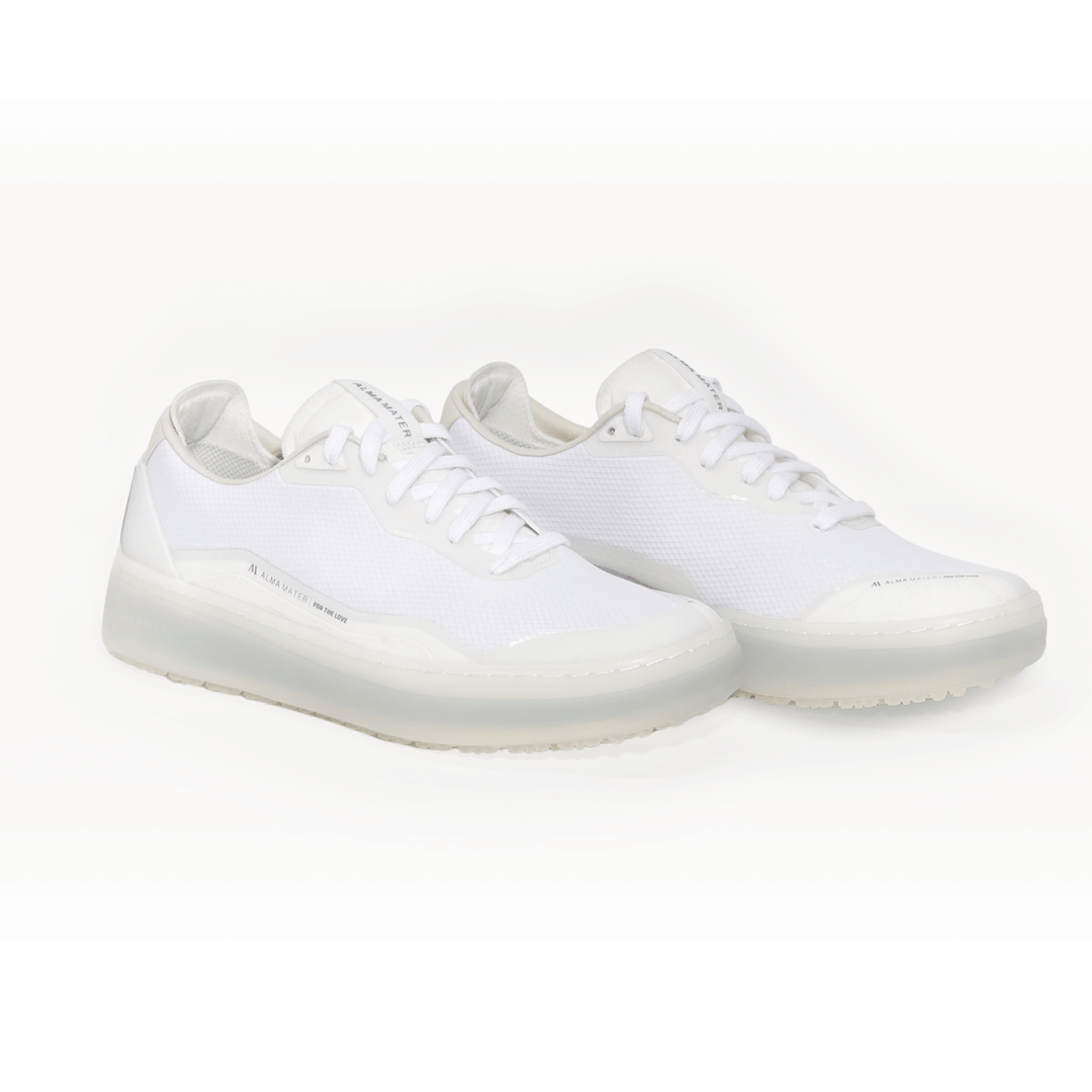 Studio image of the Men’s Beta Lite in White and Gray, featuring a lightweight white mesh upper and translucent gray outsole, shown as a pair in an angled front view.