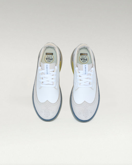 Overhead view of white and navy Member Longwing PGA sneakers