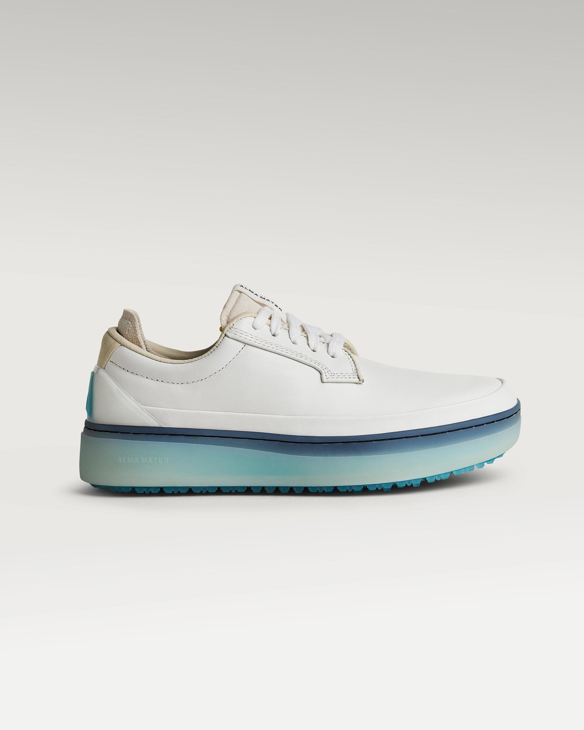 Lateral view of white and aqua Beta Derby golf shoe