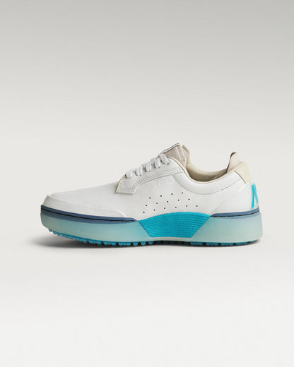 Medial view of white and aqua Beta Derby golf shoe