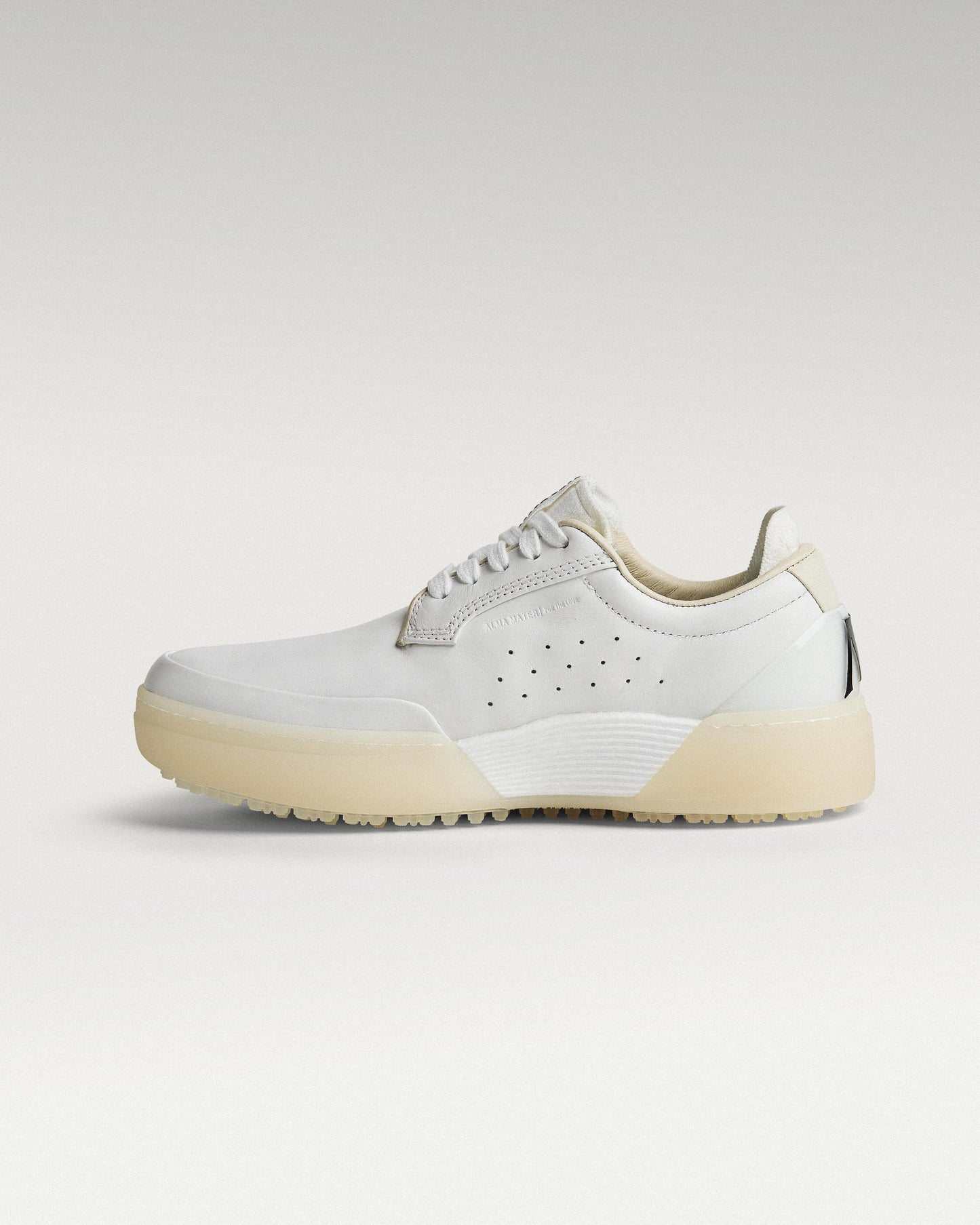 Medial view of white and white Beta Derby golf shoe