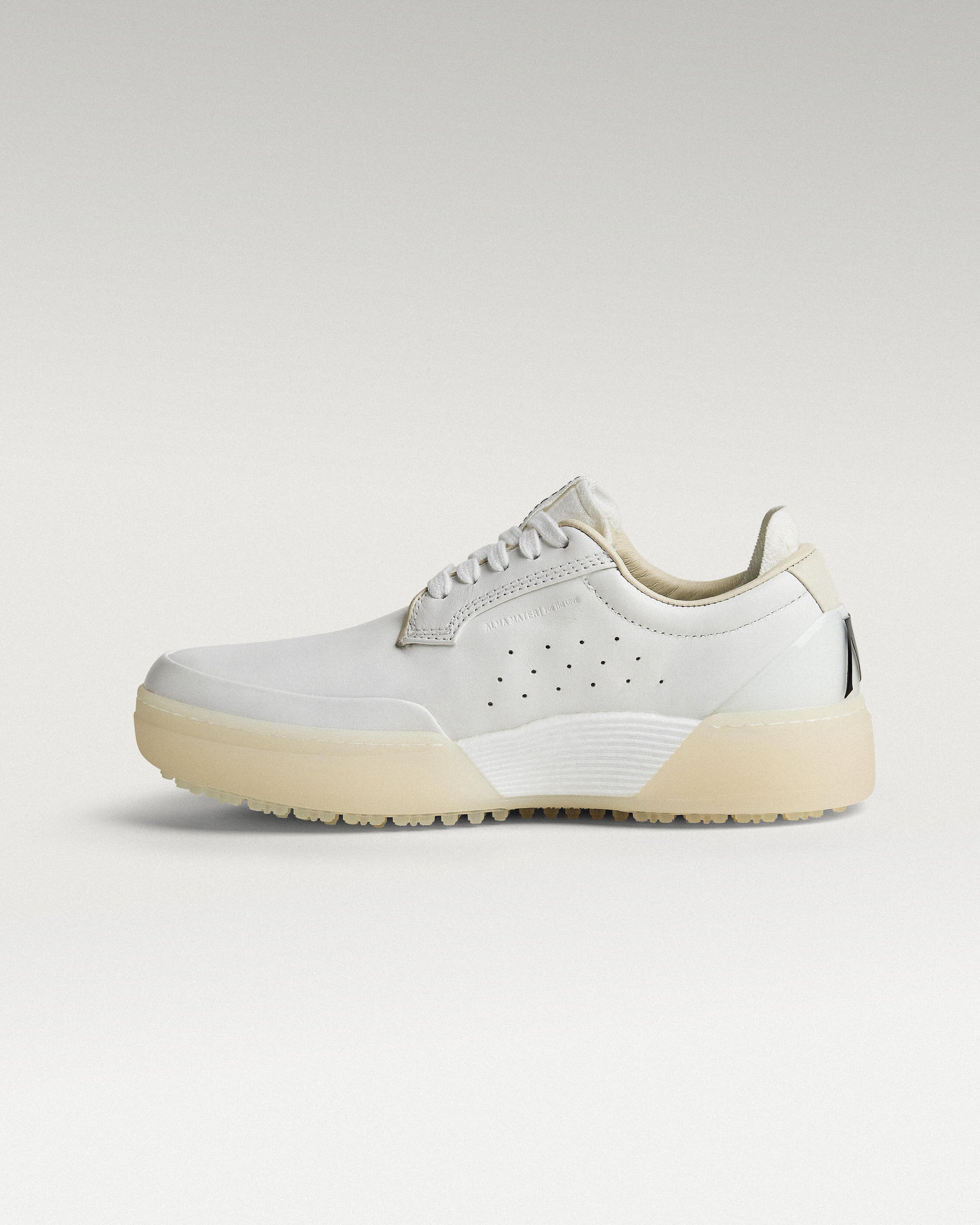 Medial view of white and white Beta Derby golf shoe