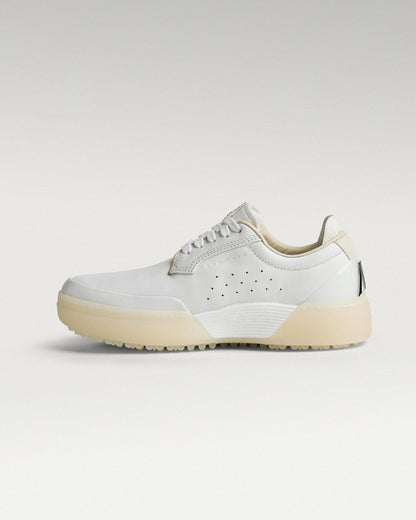 Medial view of white and white Beta Derby golf shoe