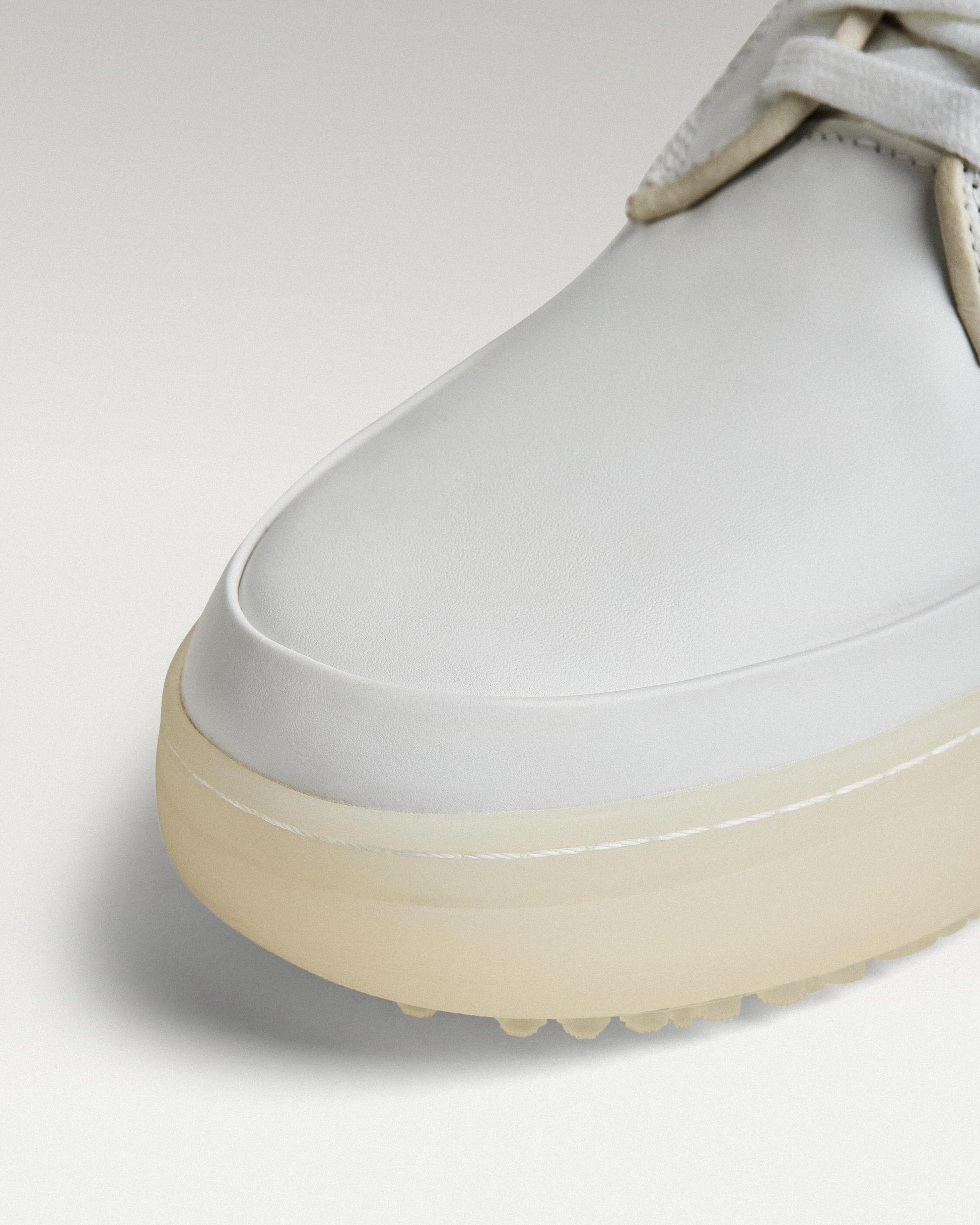 Close-up of white leather upper and toe box detail on Beta Derby golf shoe