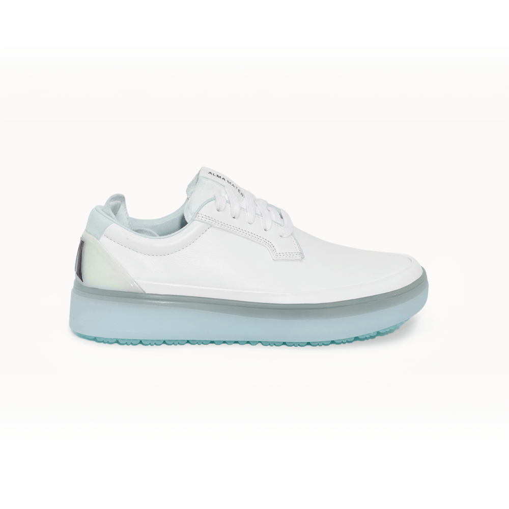 Lateral side profile studio image of the Women’s Beta Derby in White and Aqua, featuring a smooth premium leather upper, lace-up closure, structured heel counter, and translucent aqua cupsole with spikeless outsole.