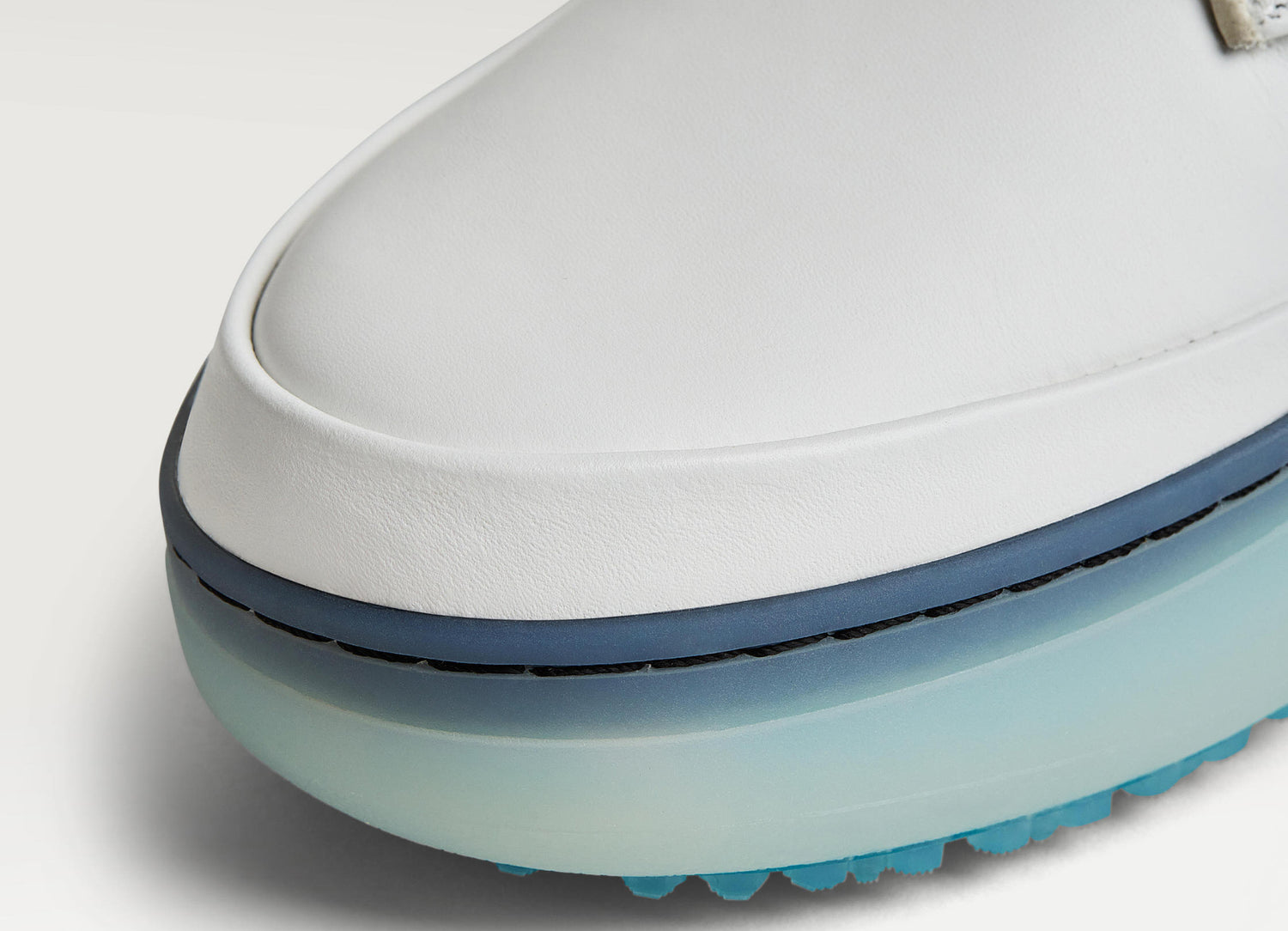 Close up of Beta Derby White/Aqua's wide toe box.